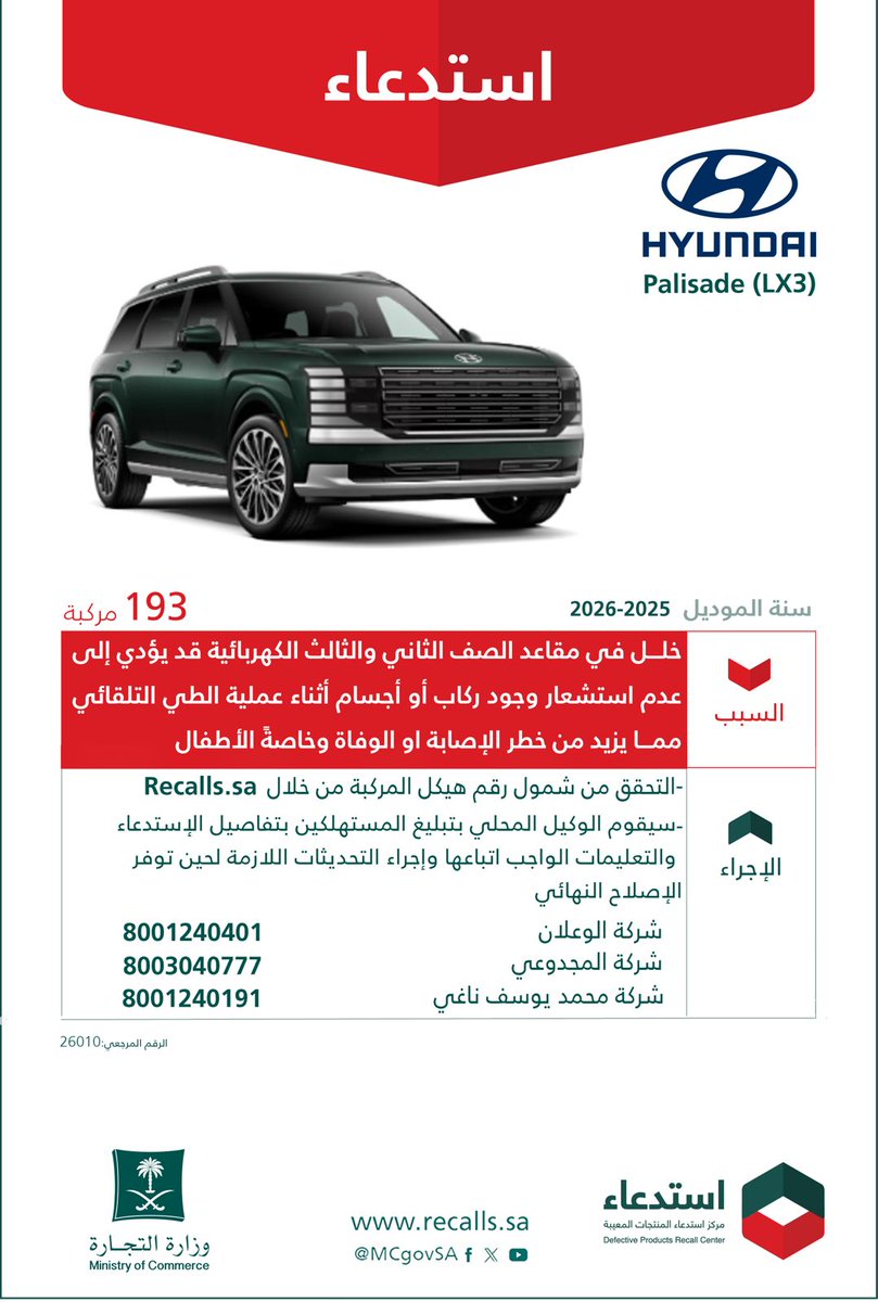 Read more about the article «التجارة»: استدعاء 193 مركبة «هيونداي باليسيد» بسبب خلل بالمقاعد الكهربائية